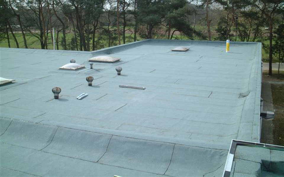 Roofing op plat dak met lichtkoepels en schouwen